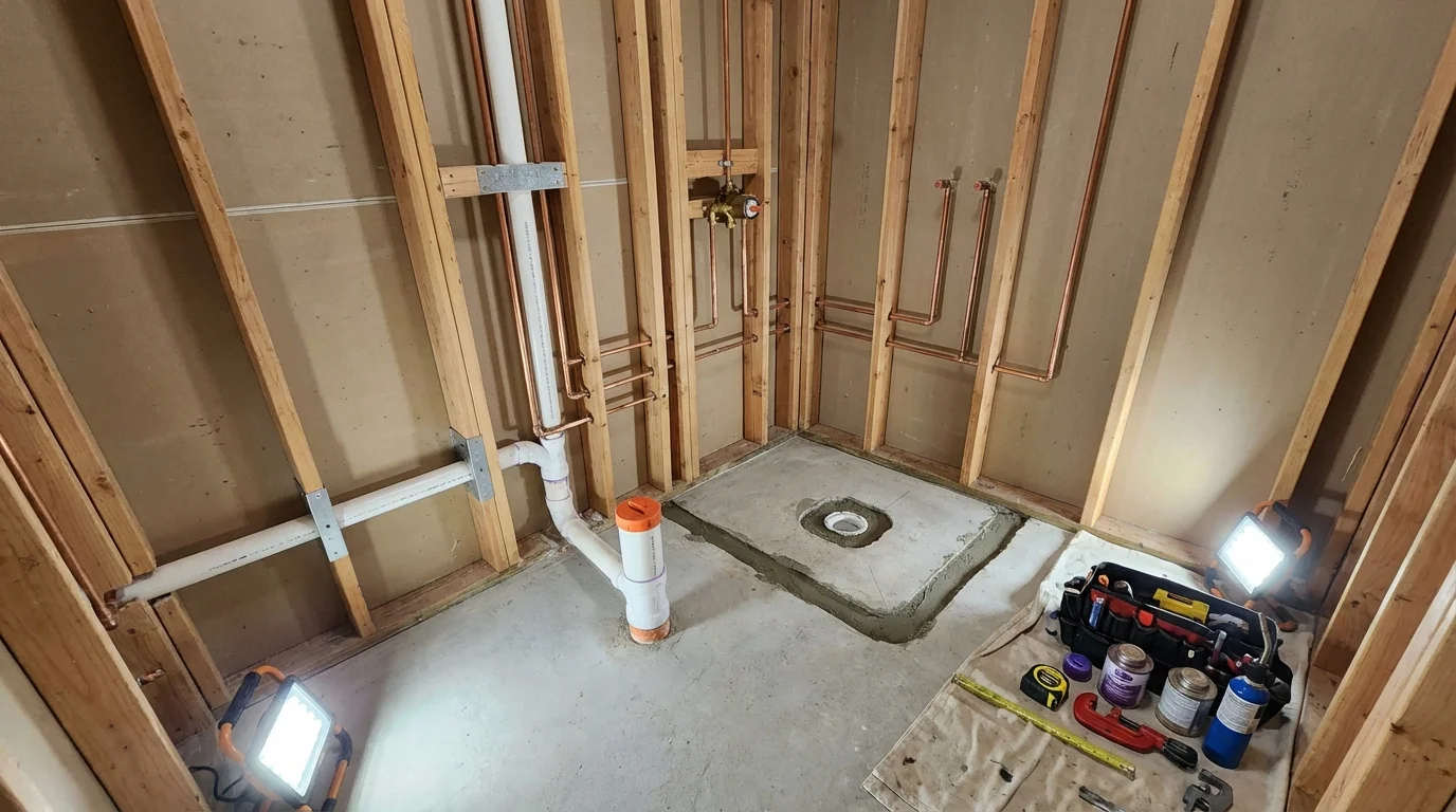 Bathroom rough-in plumbing during remodel by Johns Plumbing LLC in Forest Hills