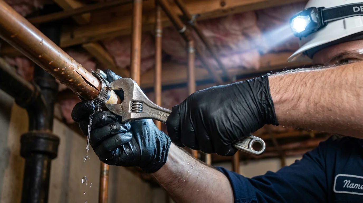 Emergency pipe clamp repair being performed by a Johns Plumbing LLC plumber in Forest Hills