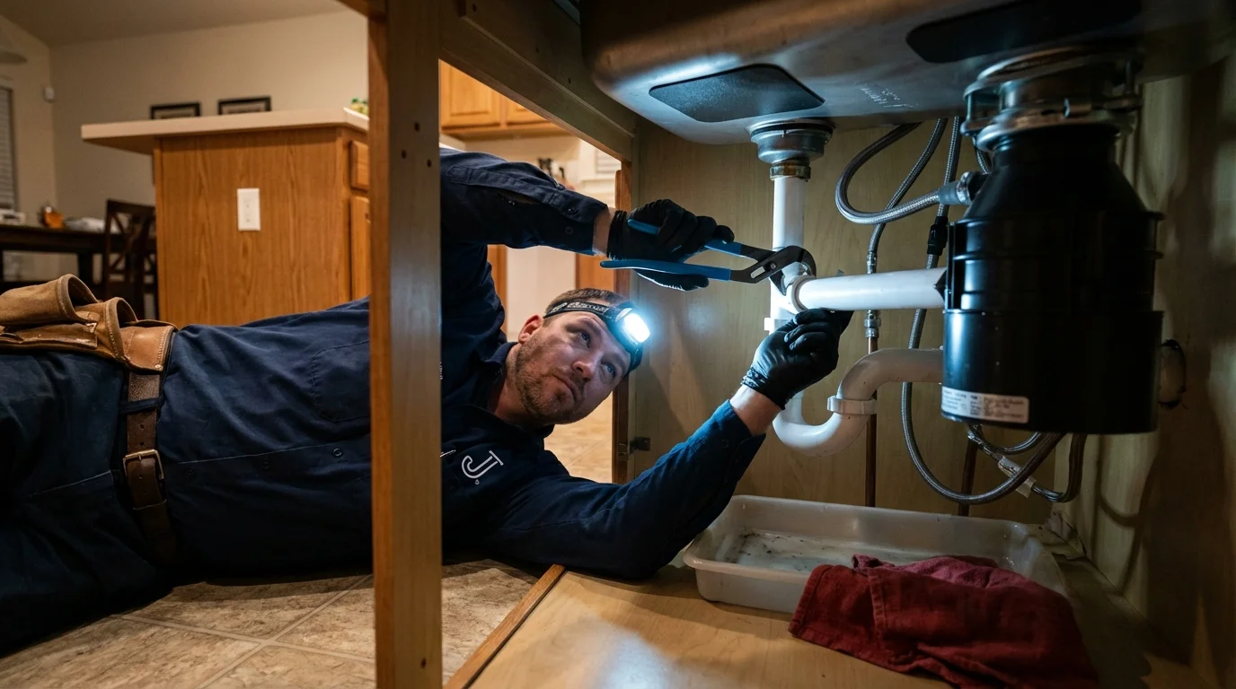 P-trap and supply line connections under a kitchen sink showing a common leak point in Forest Hills, NY